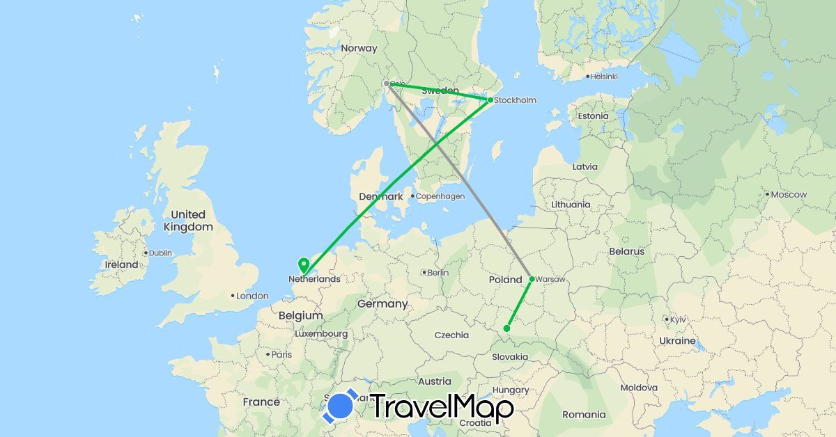 TravelMap itinerary: driving, bus, plane in Netherlands, Norway, Poland, Sweden (Europe)